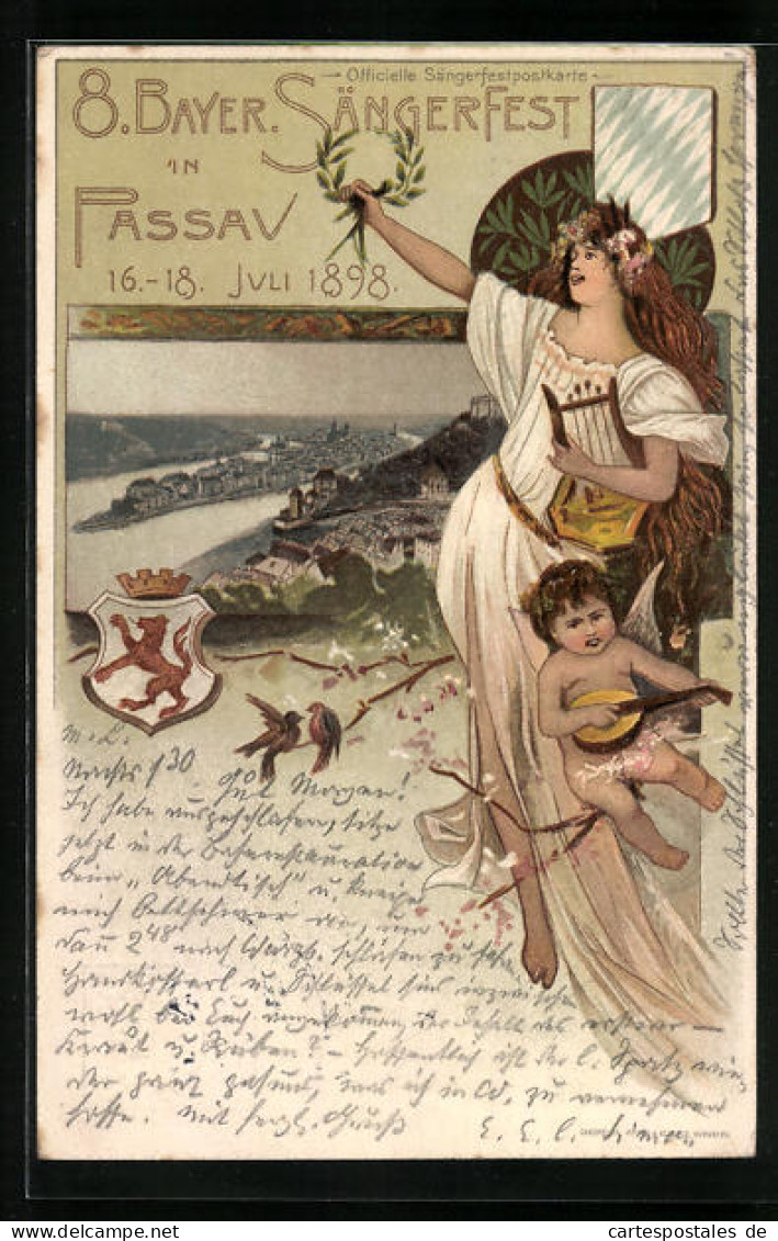 Lithographie Passau, 8, Bayer. Sängerfest 1898, Frau Mit Lyra Und Engel Am Stadtrand, Ganzsache Bayern  - Cartes Postales