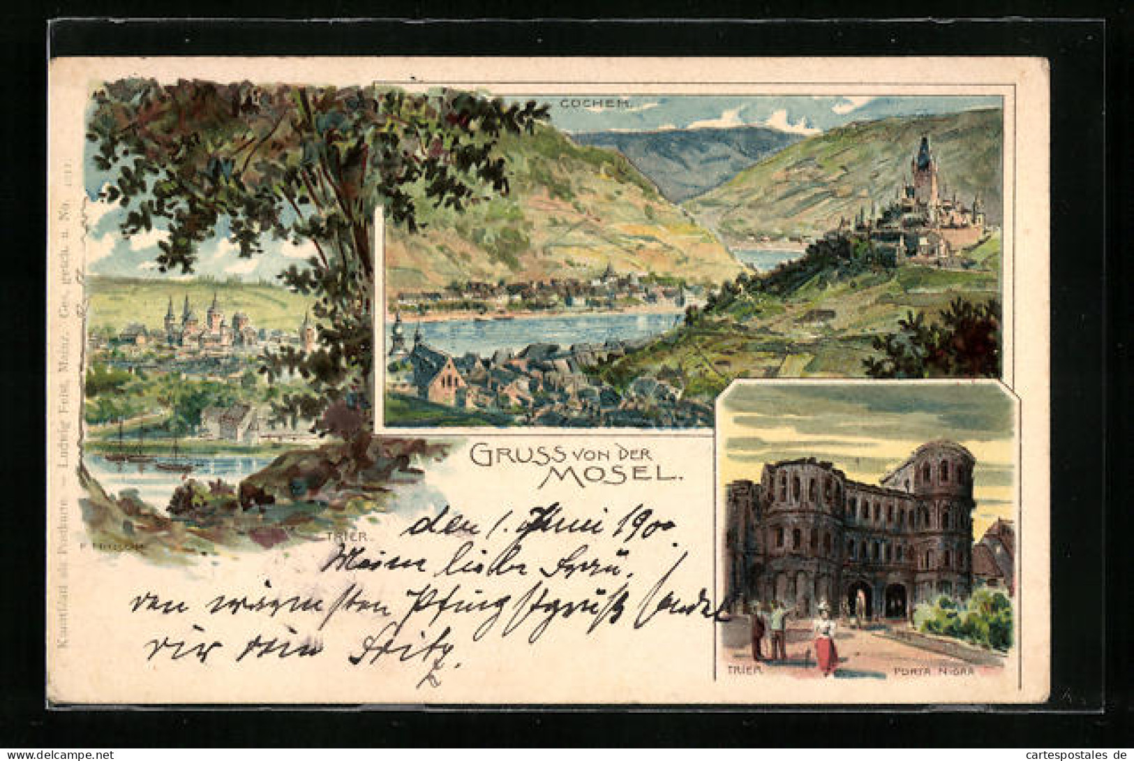 Lithographie Trier, Gruss Von Der Mosel Mit Porta Nigra Und Ansicht Von Cochem  - Trier