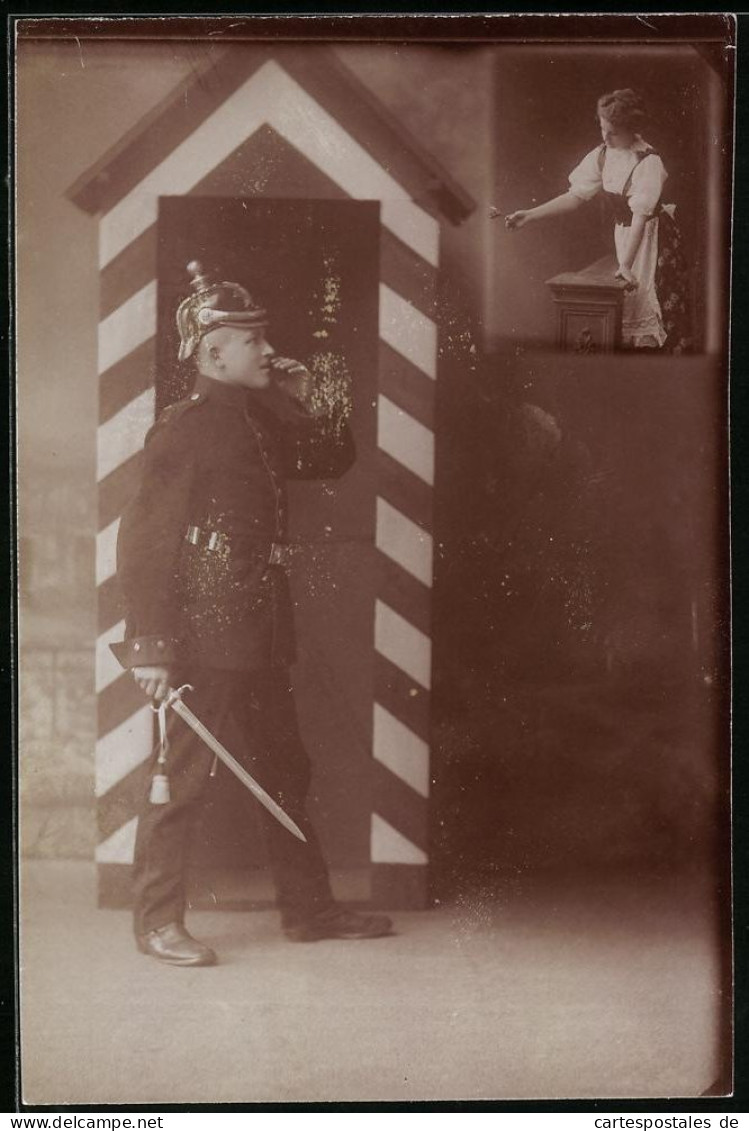 Fotografie Brück & Sohn Meissen, Ansicht Meissen I. Sa., Soldat In Uniform Mit Artillerie Pickelhaube, Schilderhaus  - Krieg, Militär