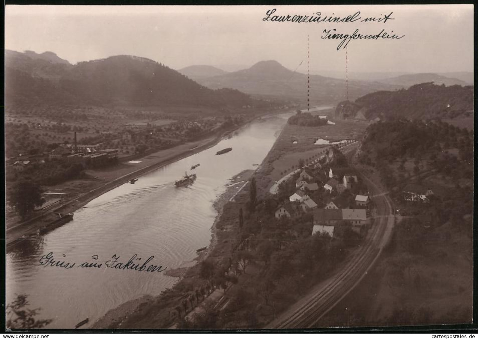 Fotografie Brück & Sohn Meissen, Ansicht Jakuben, Laurenziusinsel, Flusspartie & Eisenbahngleise  - Lieux