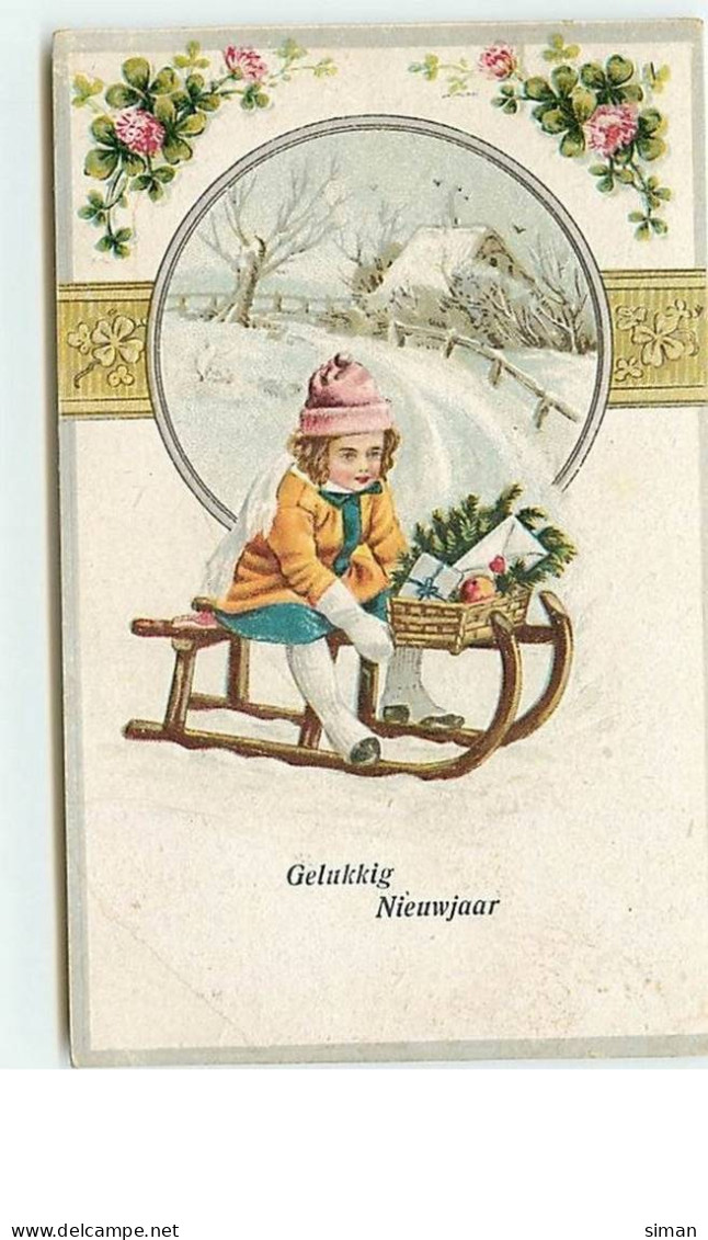 N°10742 - Carte Fantaisie Gaufrée - Gelukkig Nieunjaar - Enfant Sur Une Luge - Sports Hiver - New Year