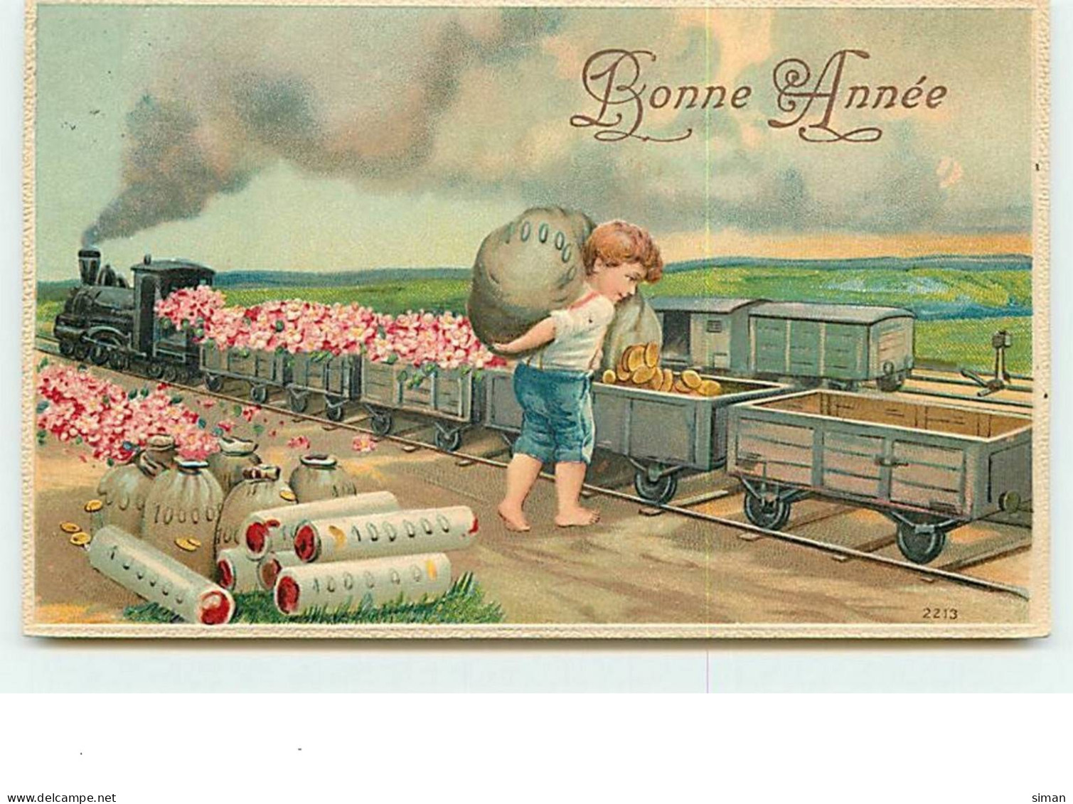 N°8598 - Carte Fantaisie Gaufrée - Bonne Année - Enfant Mettant Des Pièces D'or Dans Un Train - Nouvel An