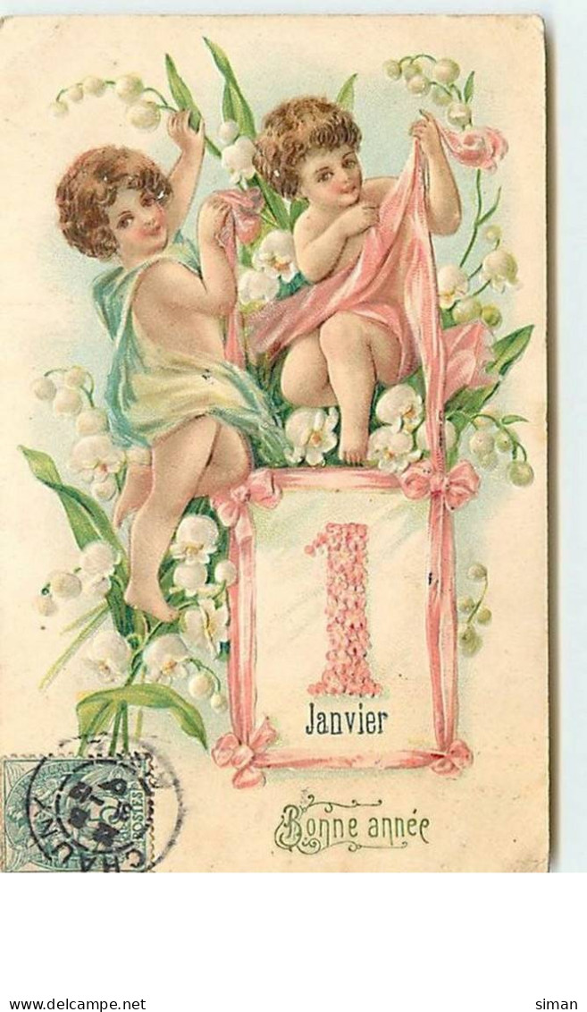 N°12893 - Carte Gaufrée - Bonne Année - Enfants Avec Du Muguet - 1er Janvier - Nouvel An