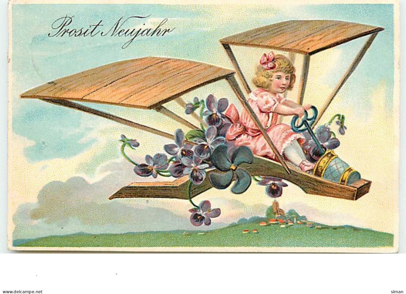 N°13938 - Carte Gaufrée - Prosit Neujahr - Fillette Pilotant Un Avion - Nouvel An