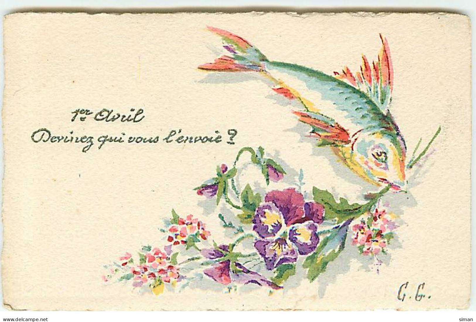 N°22921 - 1er Avril - Devinez Qui Vous L'envoie ? - Poisson Tenant Des Fleurs - Carte Peinte à La Main - April Fool's Day