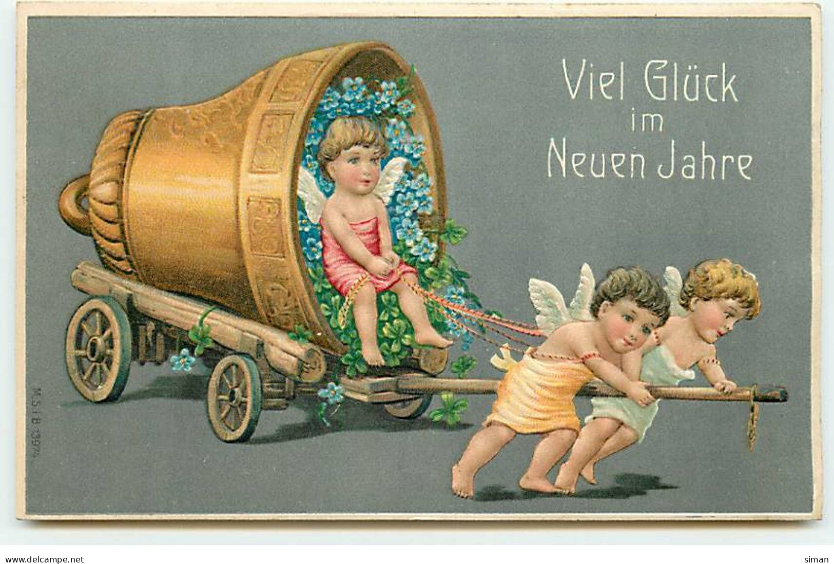 N°22933 - Carte Gaufrée - Viel Glück Im Neuen Jahre - Anges Tirant Une Cloche Remplie De Myosotis - Año Nuevo