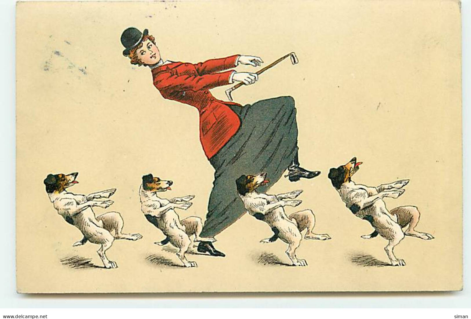 N°21846 - Cake-Walk - Jeune Femme En Tenue De Cavalière Dansant Avec Des Chiens De Chasse - Other & Unclassified