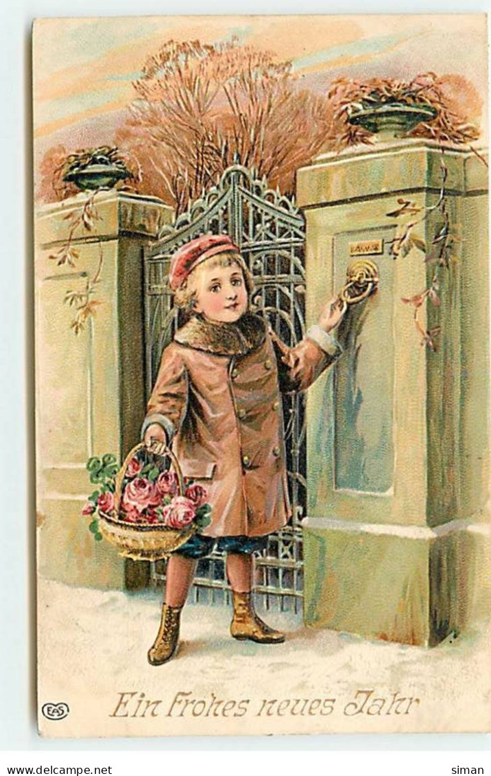 N°21727 - Carte Gaufrée - Ein Frohes Neues Jahr - Enfant Portant Un Panier Rempli De Roses Sonnant à Une Maison - Nieuwjaar