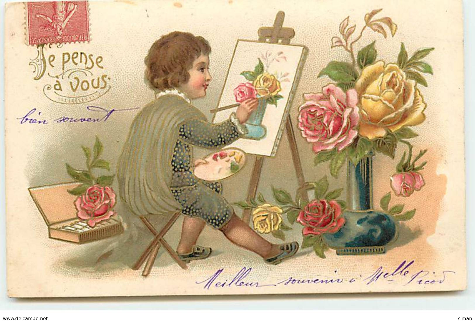 N°19594 - Carte Gaufrée - Je Pense à Vous - Enfant Peignant Des Roses Dans Un Vase - Andere & Zonder Classificatie