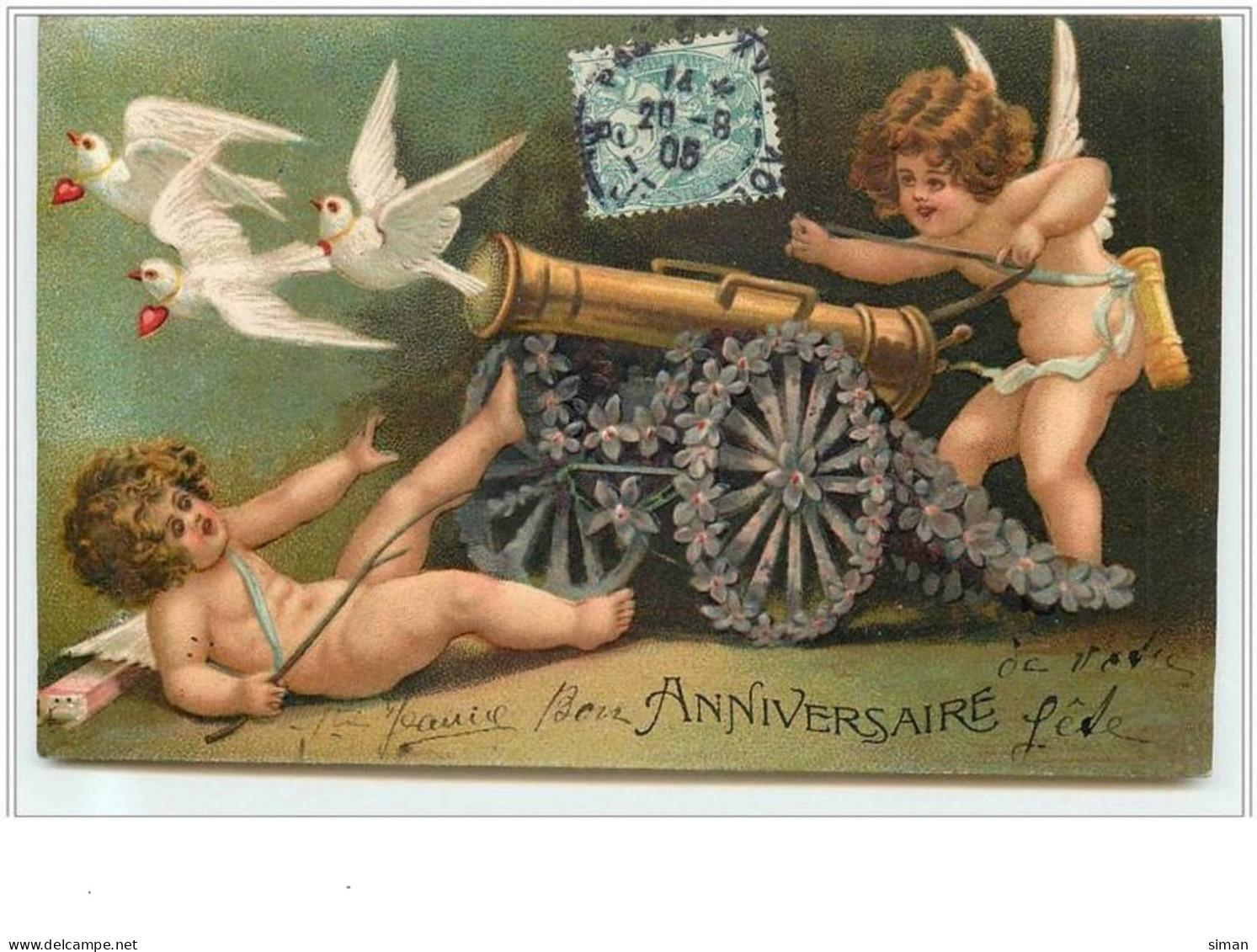 N°3042 - Carte Gaufrée - Clapsaddle - Anniversaire - Angelots Et Canon - Anniversaire