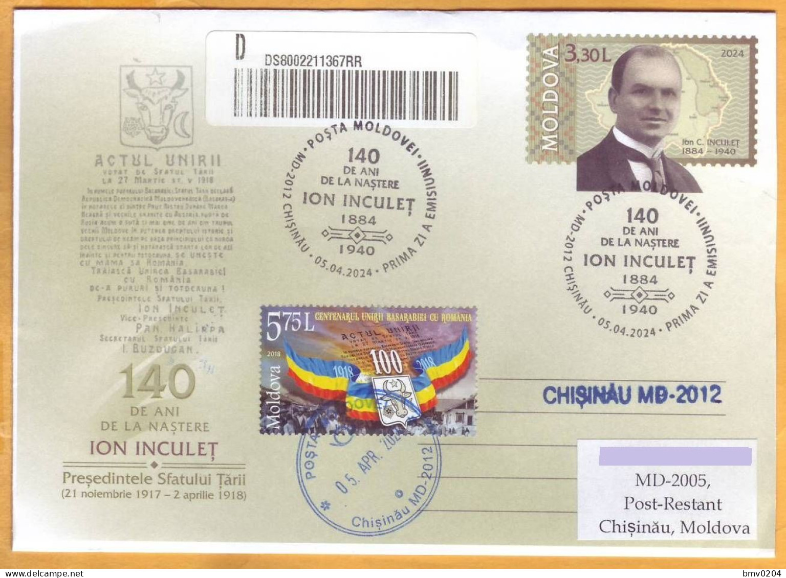 2024  Moldova FDC „Ion Inculeţ (1884-1940), President Of Sfatul Tarii (Council Of State Of Basarabia). 140 - FDC