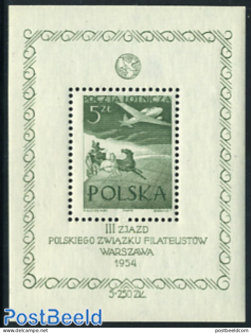 Poland 1954 Philatelists Congress S/s, Mint NH, Nature - Transport - Horses - Philately - Post - Coaches - Aircraft & .. - Ongebruikt