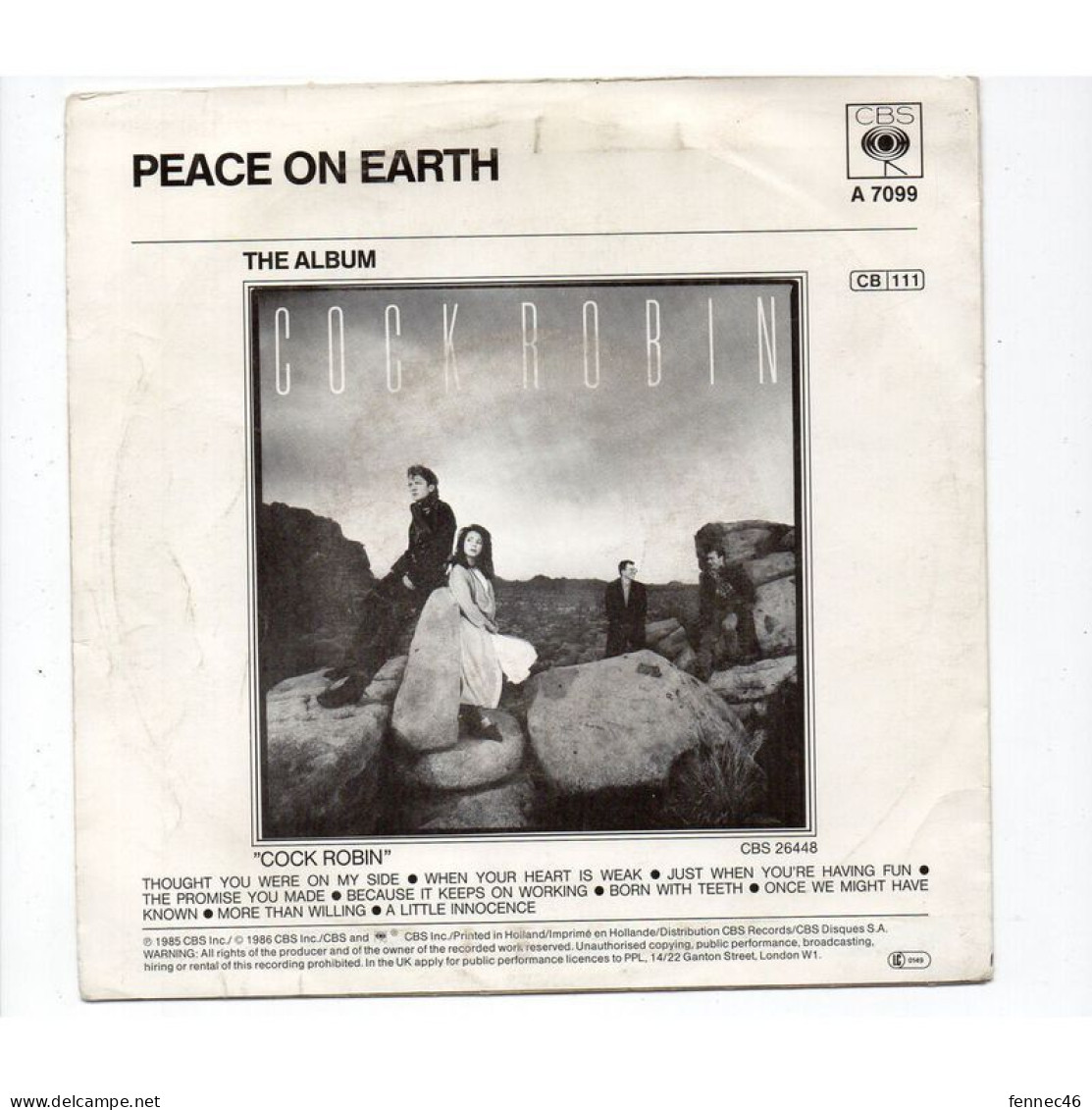 * Vinyle  45T - Cock ROBIN -  Thought You Were On My Side - Peace On Earth - Autres - Musique Anglaise