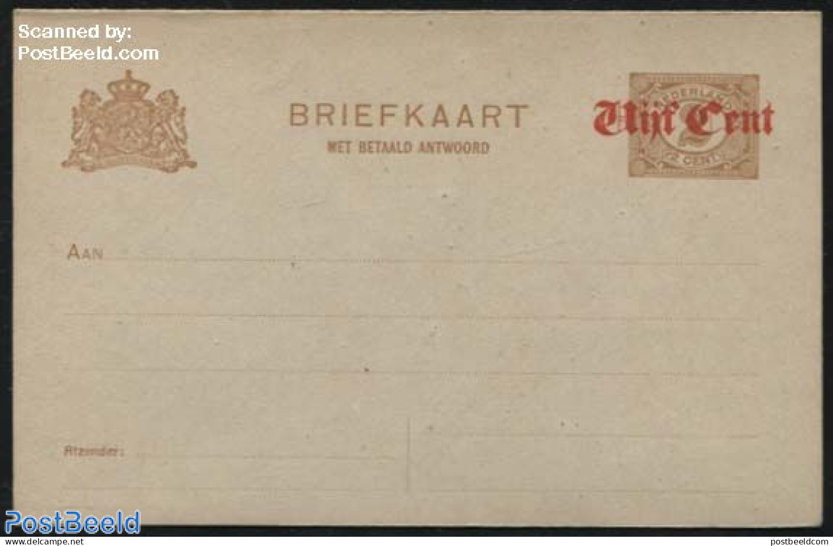 Netherlands 1920 Reply Paid Postcard Vijf Cent On 2c, Short Dividing Line, Unused Postal Stationary - Lettres & Documents