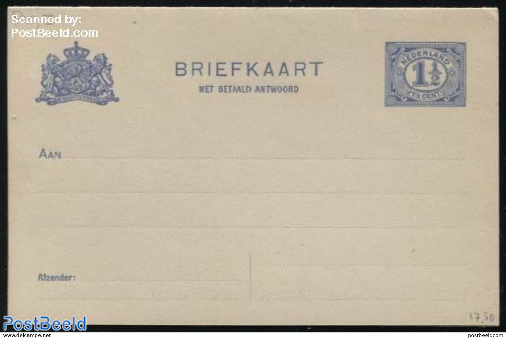 Netherlands 1909 Reply Paid Postcard 1.5+1.5c Ultramarin, Short Dividing Line, Unused Postal Stationary - Lettres & Documents