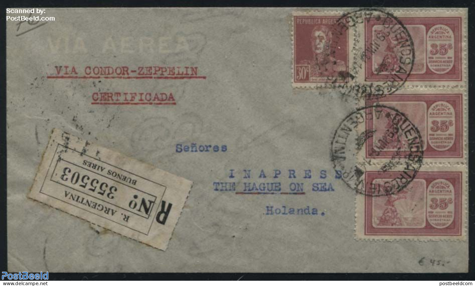 Argentina 1934 Zeppelin Condor Flight To Netherlands, Registered, Postal History, Transport - Zeppelins - Storia Postale