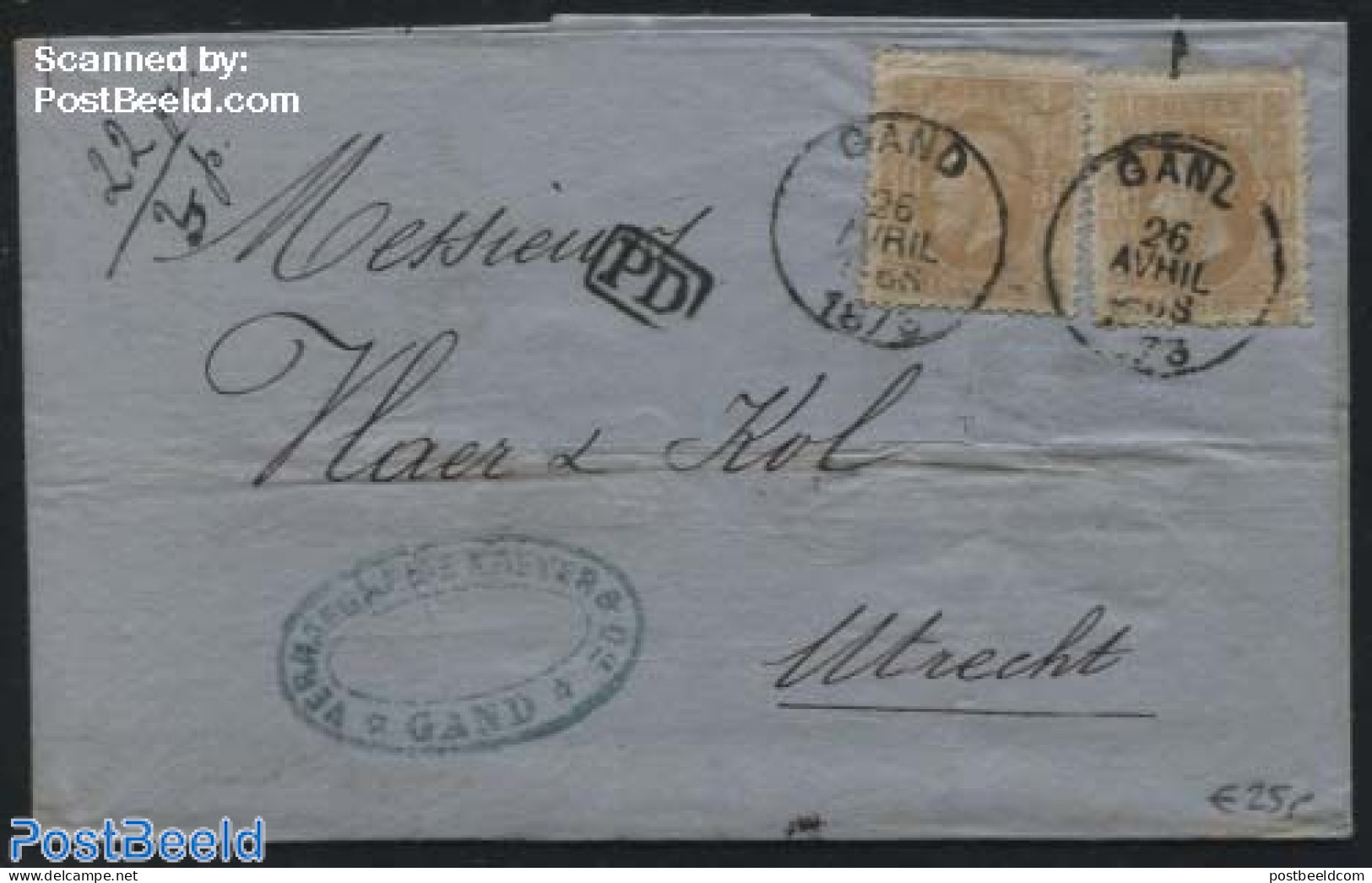 Belgium 1868 Letter From Gand To Utrecht (NL), Postal History - Covers & Documents