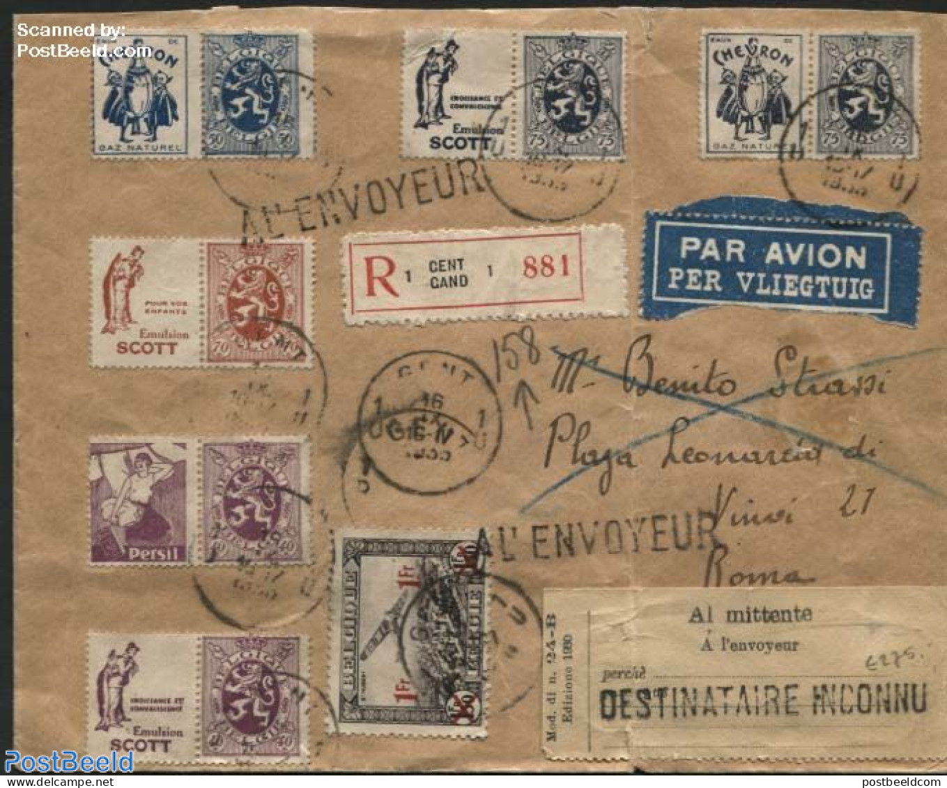 Belgium 1935 Returned Registered Airmail Letter, Stamps With Commercial Tabs, Postal History - Briefe U. Dokumente