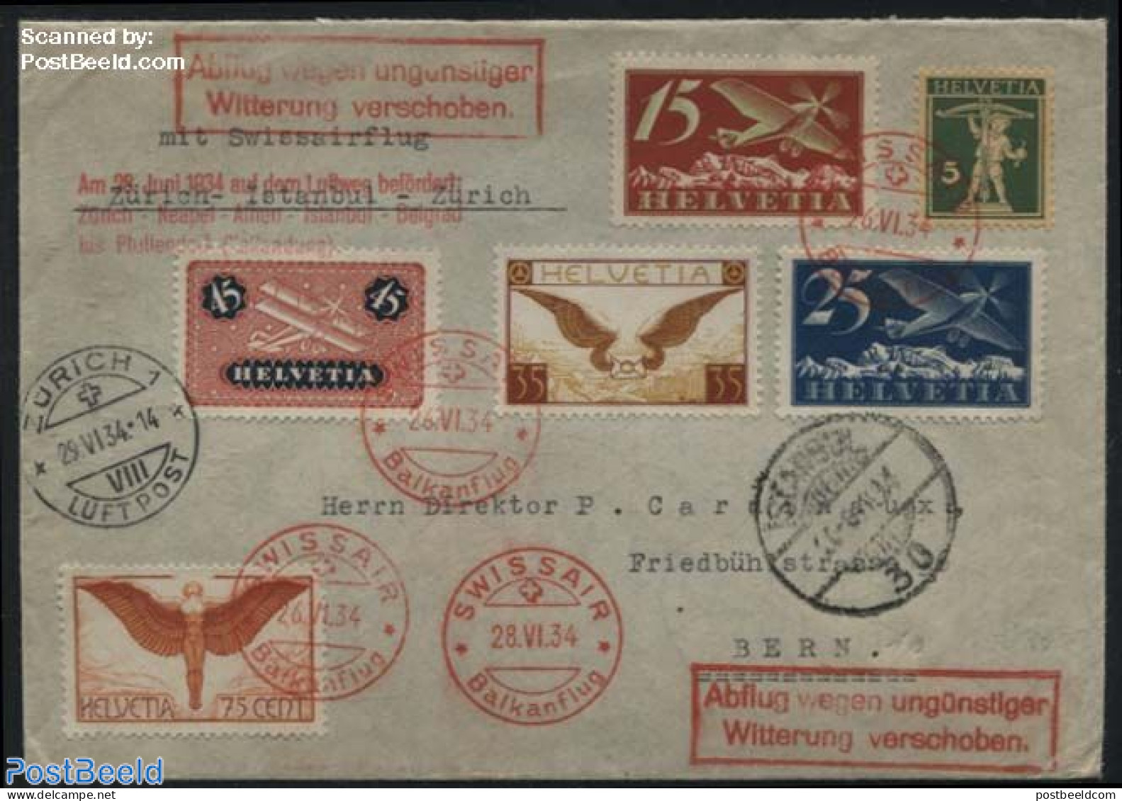 Switzerland 1934 Special Flight Zurich-Istanbul-Zurich (ended In Pfullendorf, Emergency Landing), Postal History, Tran.. - Briefe U. Dokumente