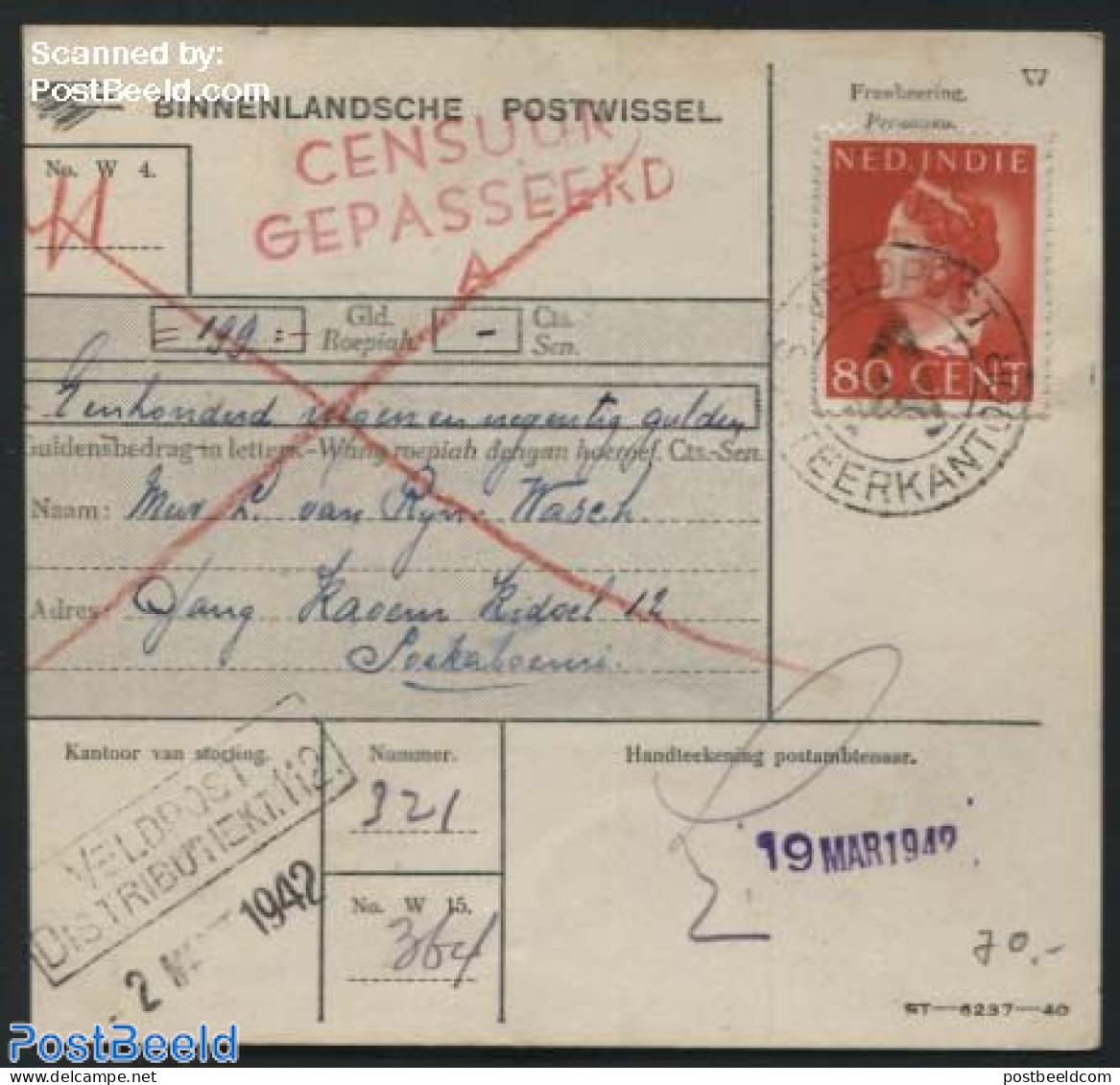 Netherlands Indies 1942 Money Order, Fieldpost, Postal History, History - World War II - Guerre Mondiale (Seconde)