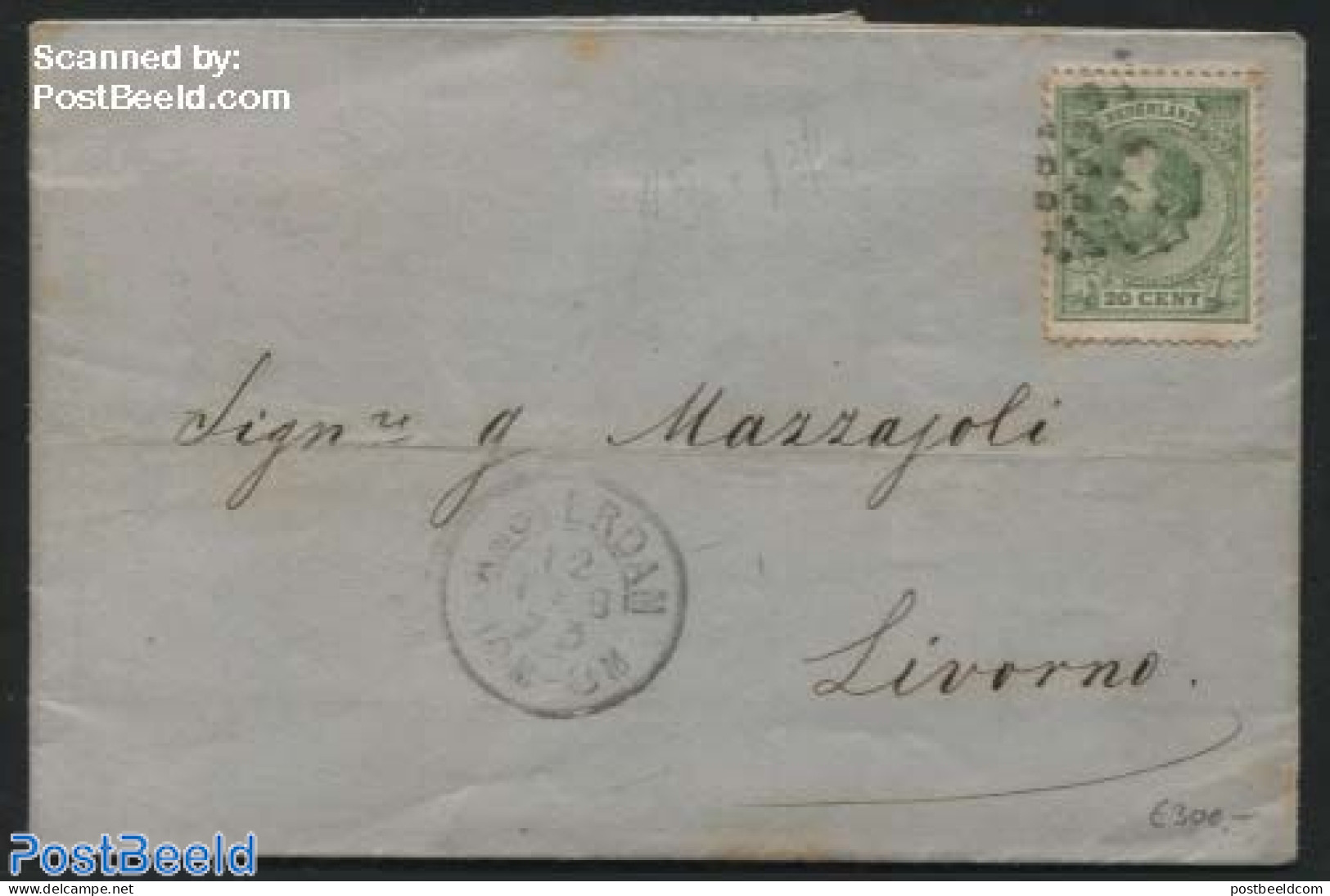 Netherlands 1873 20c Perf. 14 On Letter From Amsterdam To Livorno, Brown Spots, This Perf. Is Very Rare On A Letter., .. - Covers & Documents