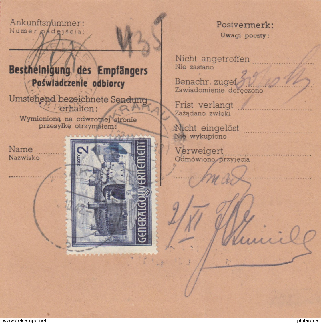 GG: Inlandspaketkarte Krakau 14 Nach Kielce, Lagergebühr 40Gr - Occupation 1938-45