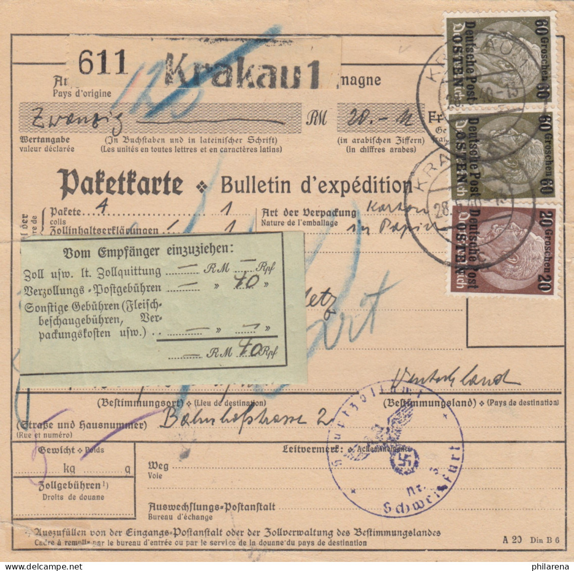 GG Auslandspaketkarte Krakau Nach Schweinfurt, Wertangabe, Zollgebühr - Occupazione 1938 – 45