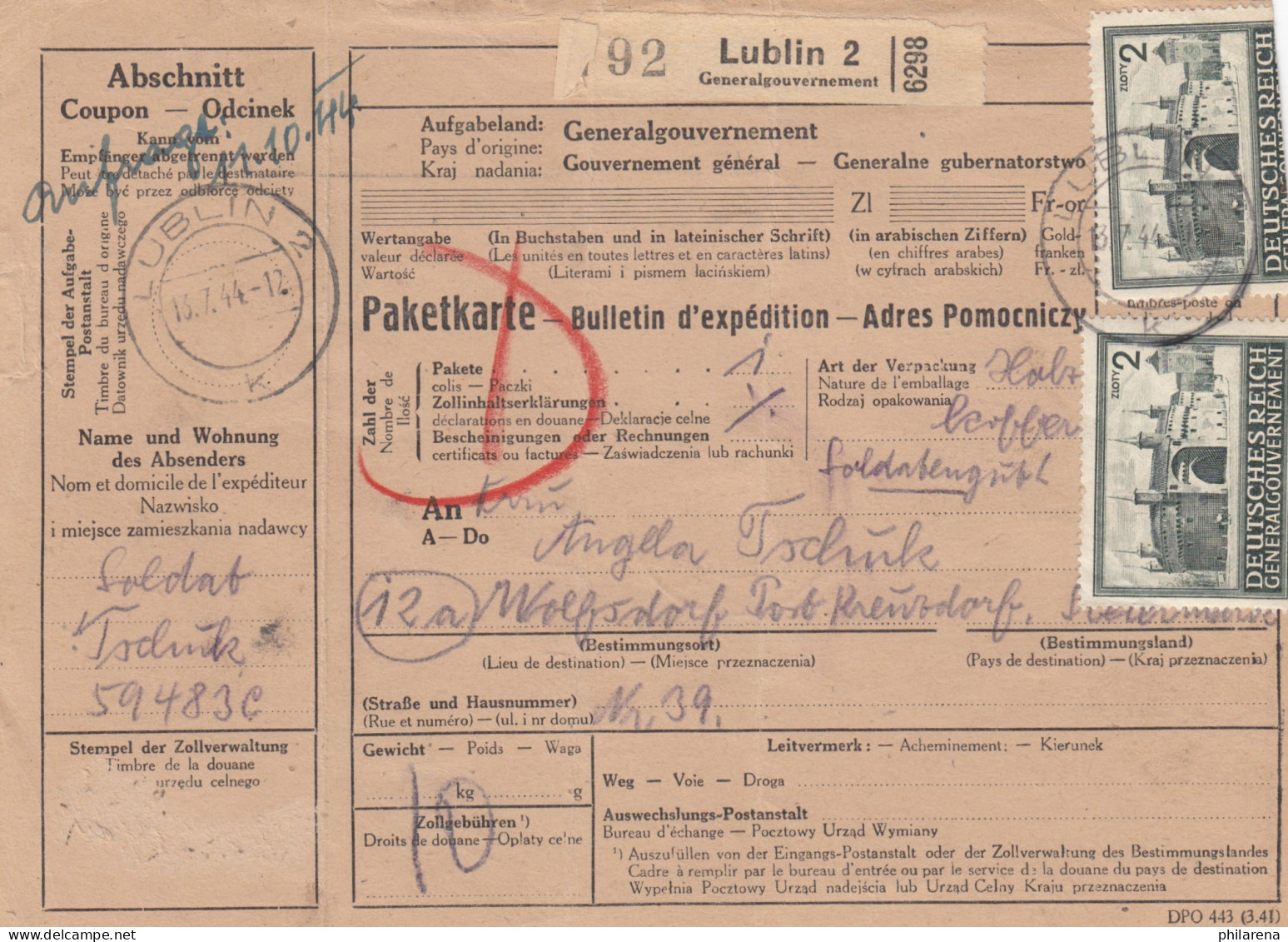 GG Auslandspaketkarte Lublin Nach Wolfsdorf, FPNr. 59483c Marke Oben Beschnitten - Occupation 1938-45