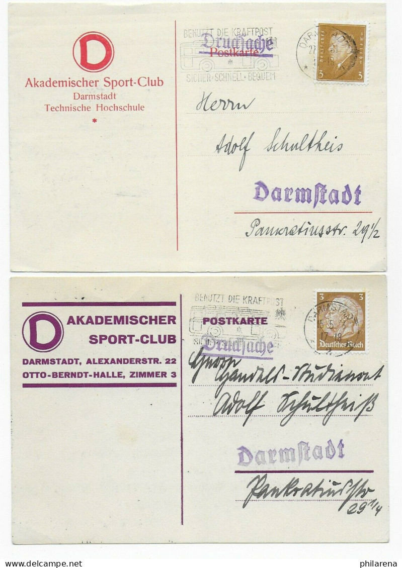 2x Postkarte Akademischer Sport-Club Darmstadt, 1931/1933 - Briefe U. Dokumente