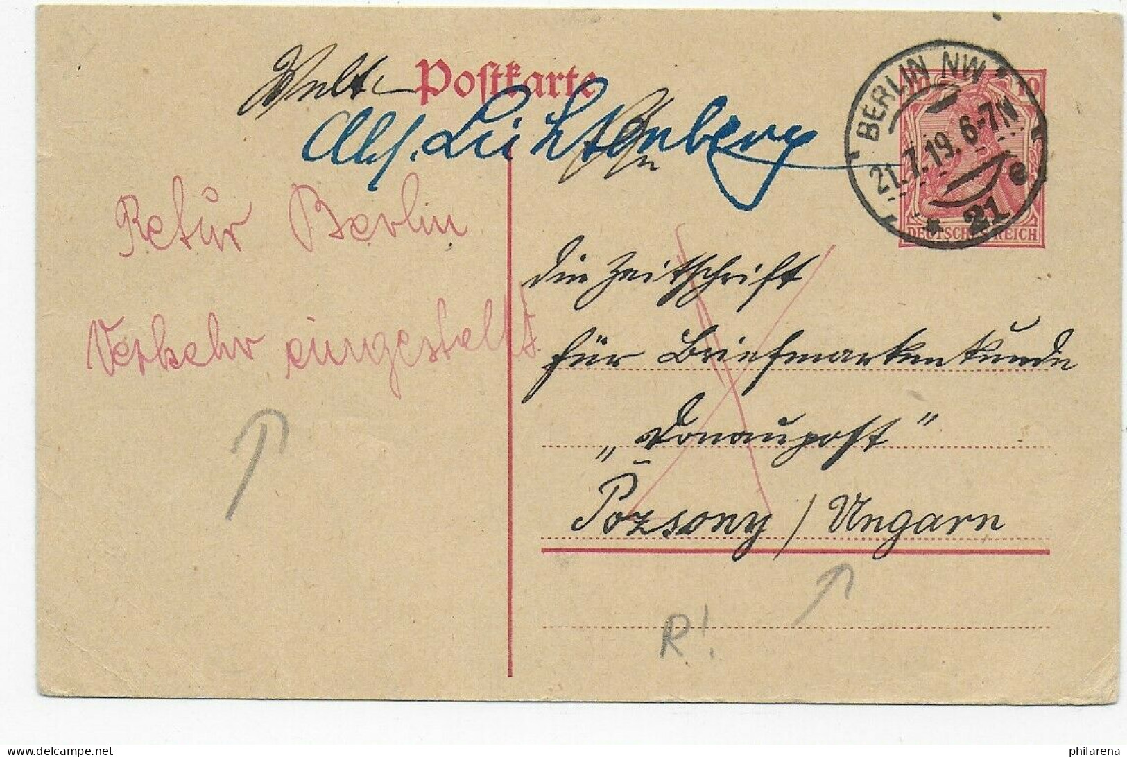 Ganzsache Berlin Nach Pozsony, Ungarn, 1919 Und Zurück: Verkehr Eingestellt - Covers & Documents