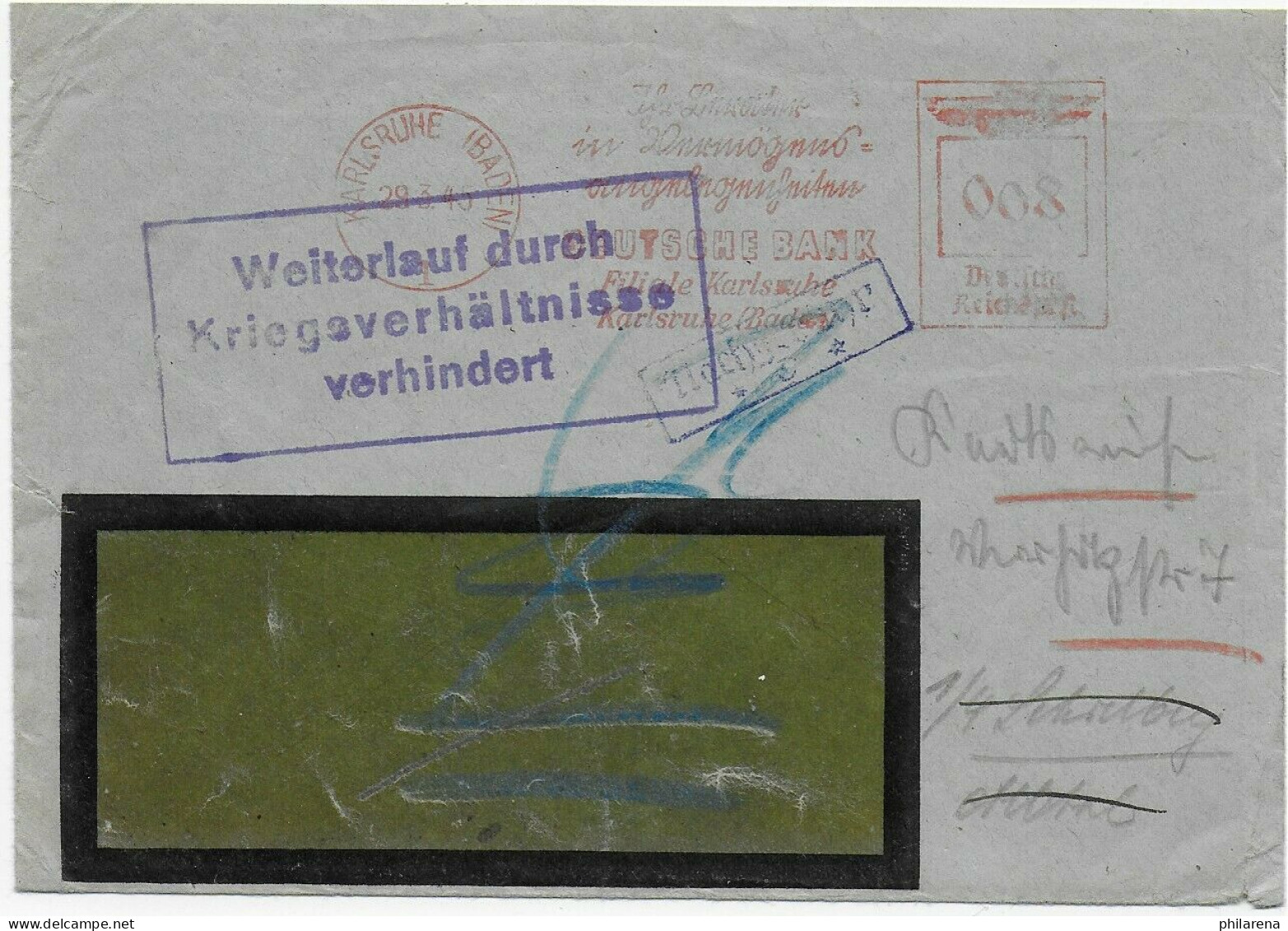 Deutsche Bank Karlsruhe 1945: Weiterverlauf Durch Kriegsverhältnisse Verhindert - Covers & Documents