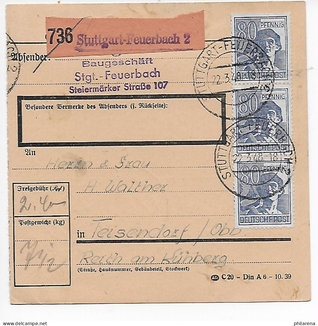 Paketkarte Von Stuttgart-Feuerbach Nach Teisendorf, 1948, MeF - Brieven En Documenten