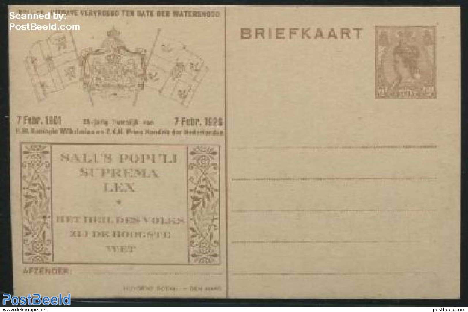 Netherlands 1926 Postcard With Private Text, Royal Silver Wedding Brown, Unused Postal Stationary - Covers & Documents