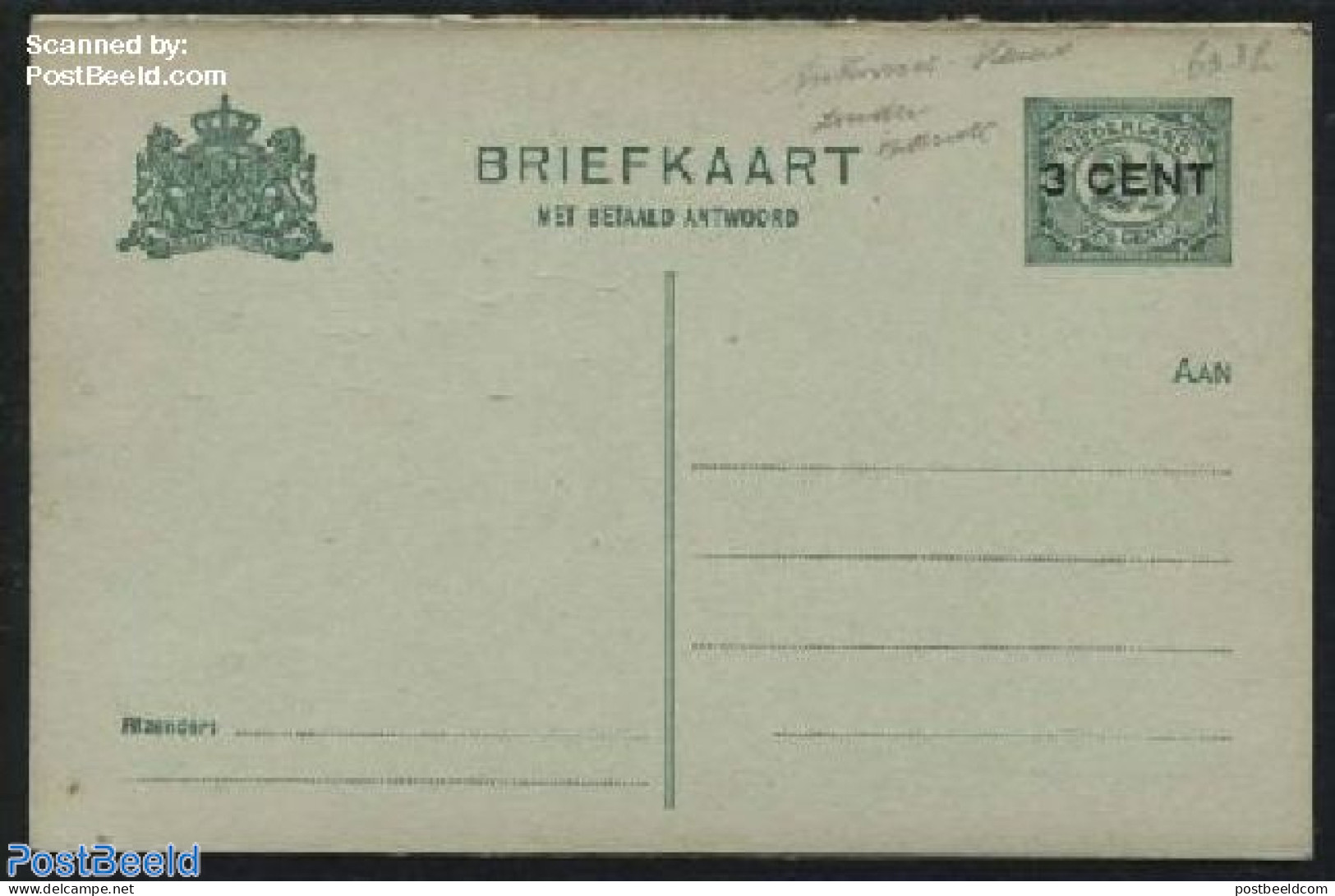 Netherlands 1916 Reply Paid Postcard, Answer Card Without Overprint 3 CENT, Unused Postal Stationary, Various - Errors.. - Covers & Documents