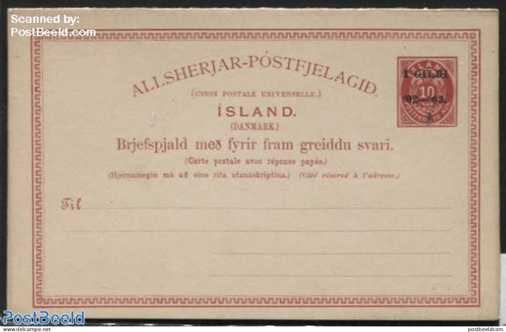 Iceland 1902 Reply Paid Postcard 1 GILDI/1 GILDI On 10/10A, Unused Postal Stationary - Briefe U. Dokumente