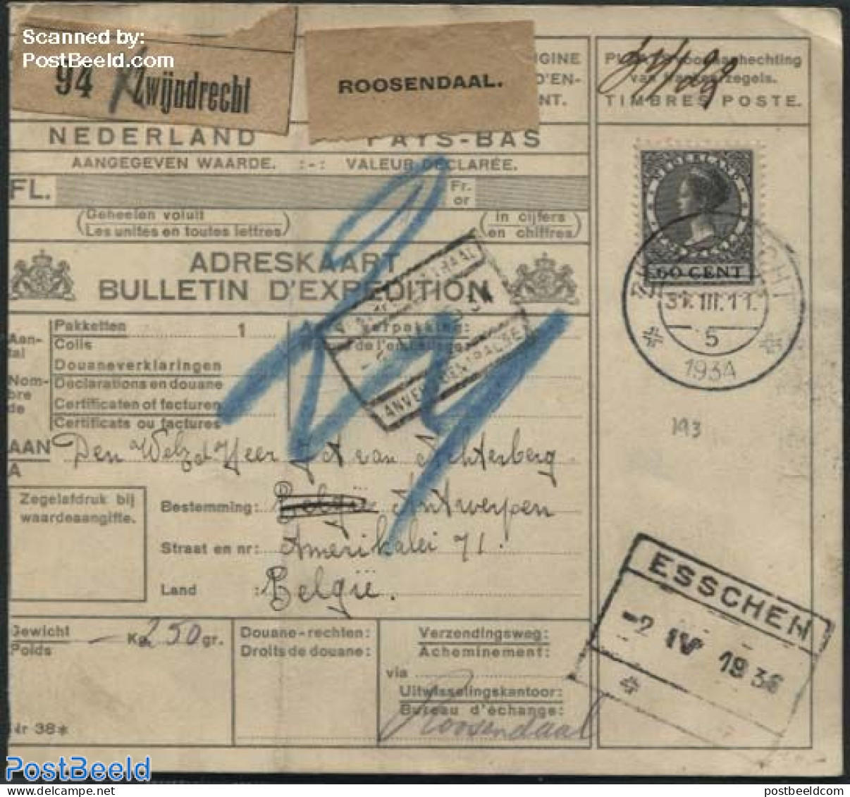 Netherlands 1936 Parcel Card With 60c Stamp, Postal History - Covers & Documents