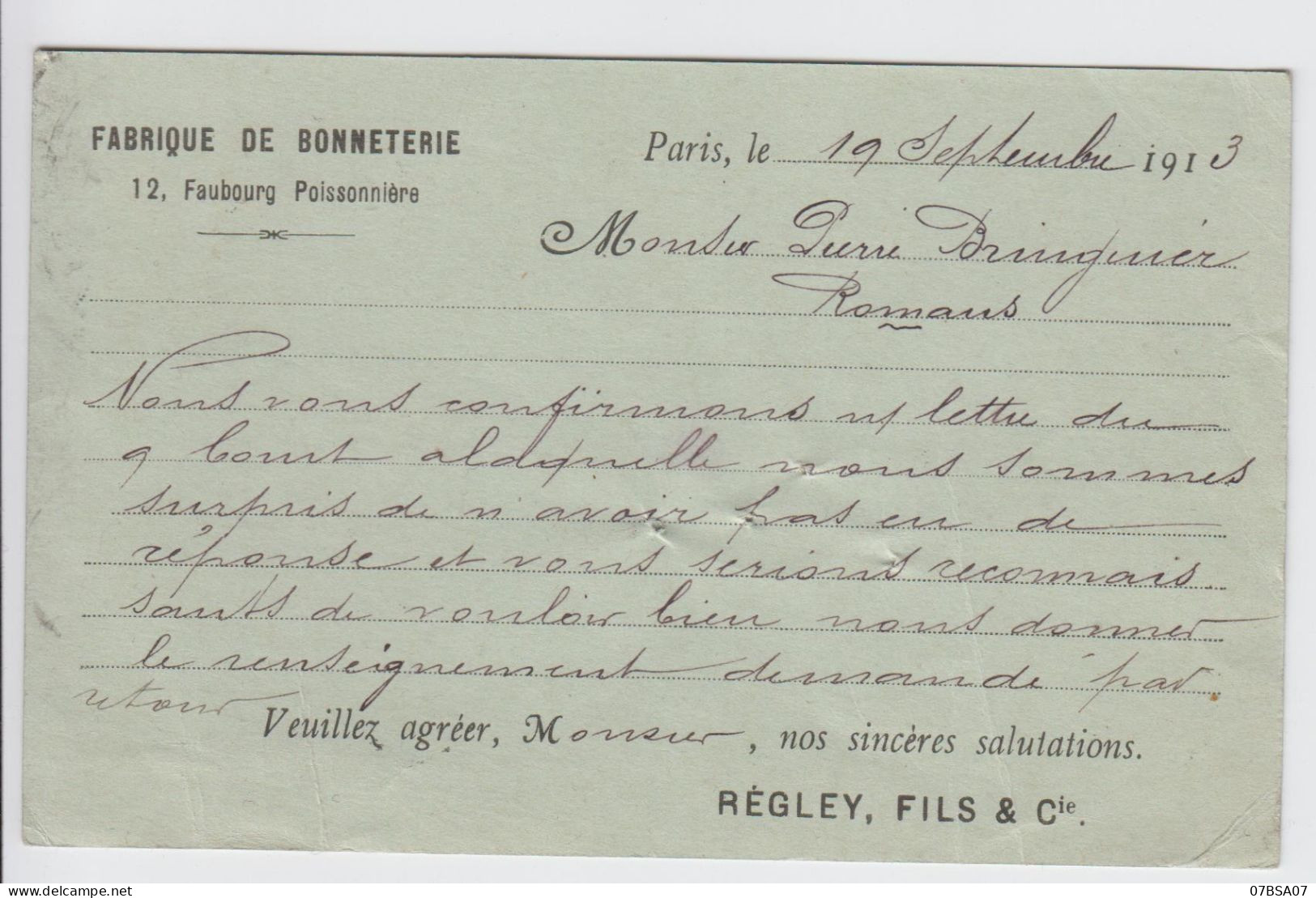 ENTIER 10C SEMEUSE CAMEE REPIQUE BONNETERIE REGLEY PARIS 1913 TROUS D'AGRAFE - 1877-1920: Semi Modern Period