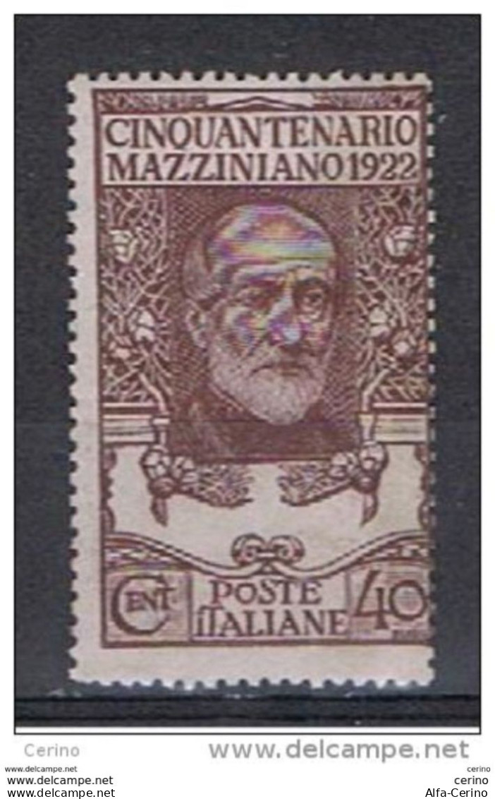 REGNO  VARIETA':  1922  G. MAZZINI  -  40 C. VIOLETTO  BRUNO  N. -  COR. SX. -  C.E.I.  125 A - Ongebruikt