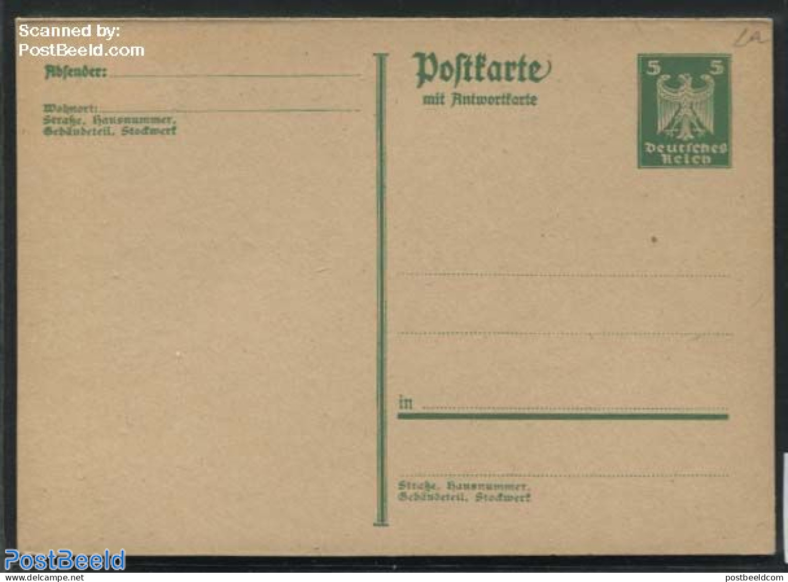 Germany, Empire 1926 Reply Paid Postcard 5/5pf (Normal S In StraBe And Stockwerk), Unused Postal Stationary - Briefe U. Dokumente