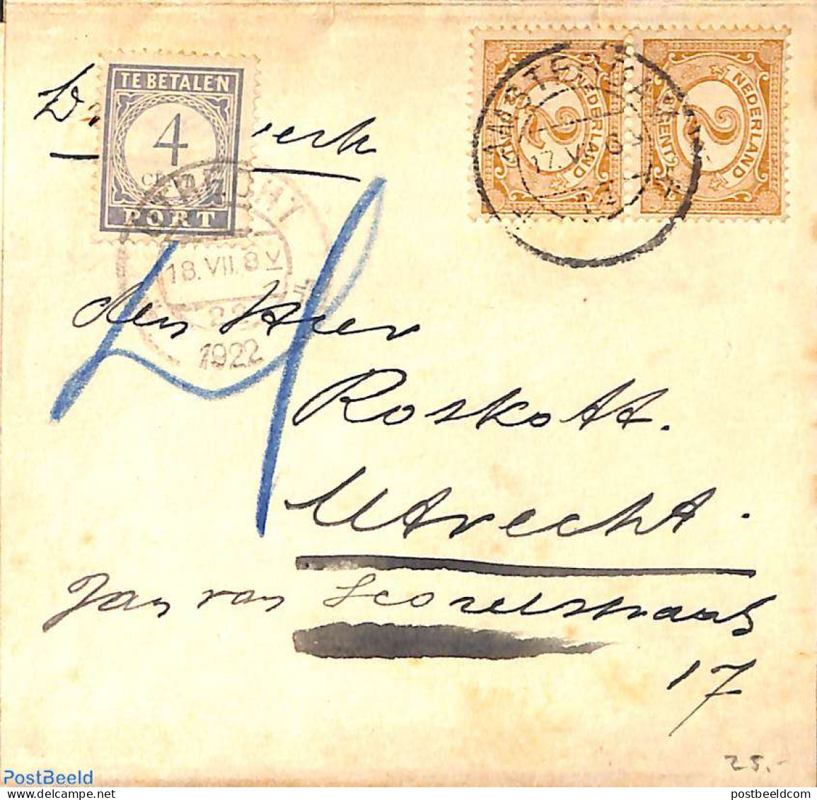 Netherlands 1922 Folding Letter To Utrecht, Postage Due 4c, Postal History - Briefe U. Dokumente