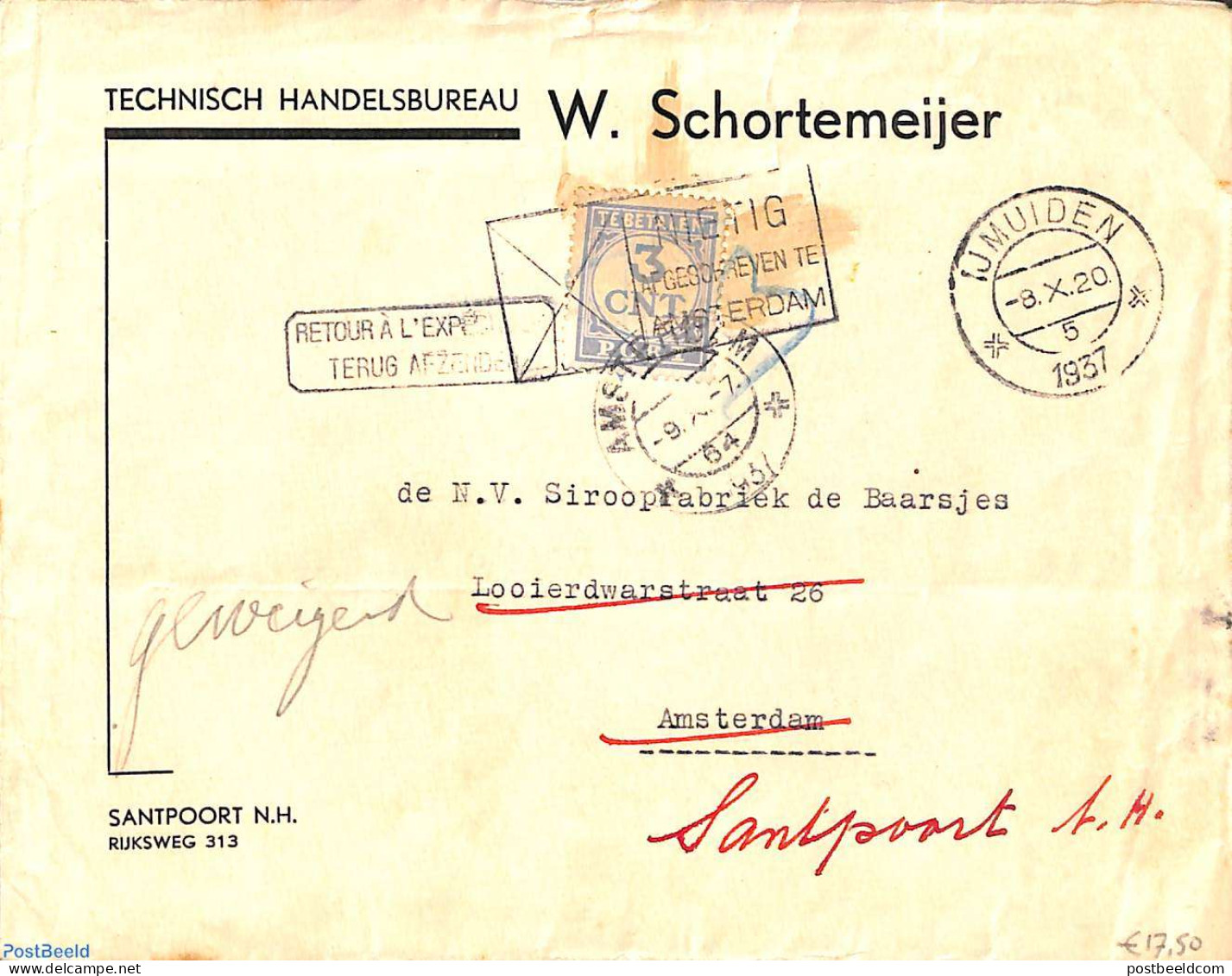 Netherlands 1937 Envelope From IJmuiden To Amsterdam Send Back, Postage Due 3cent/, Postal History - Lettres & Documents