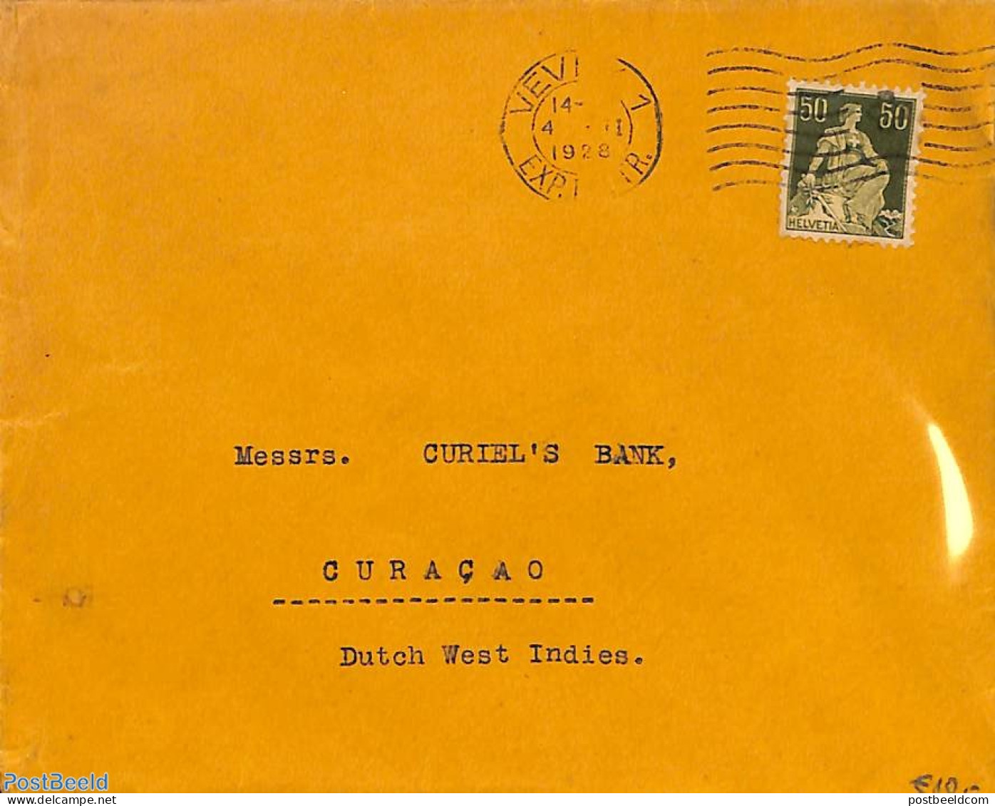 Switzerland 1928 Envelope From Velvey To Curacao, Postal History - Covers & Documents