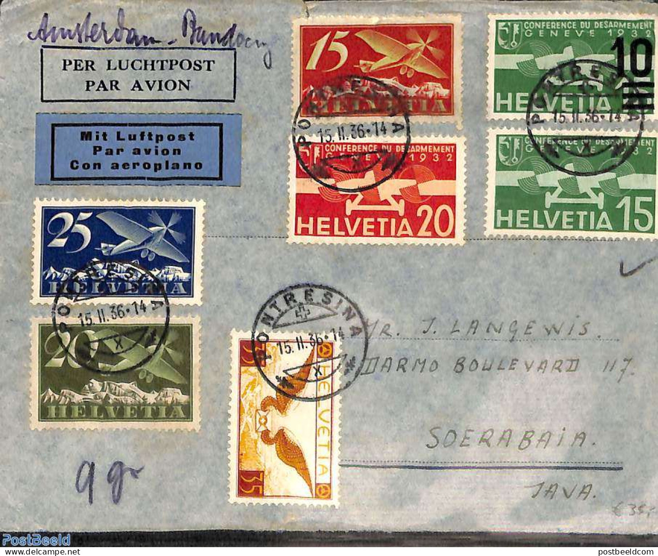 Switzerland 1936 Airmail From Switzerland To Soerabaia, Indonesia Via Amsterdam , Postal History - Covers & Documents