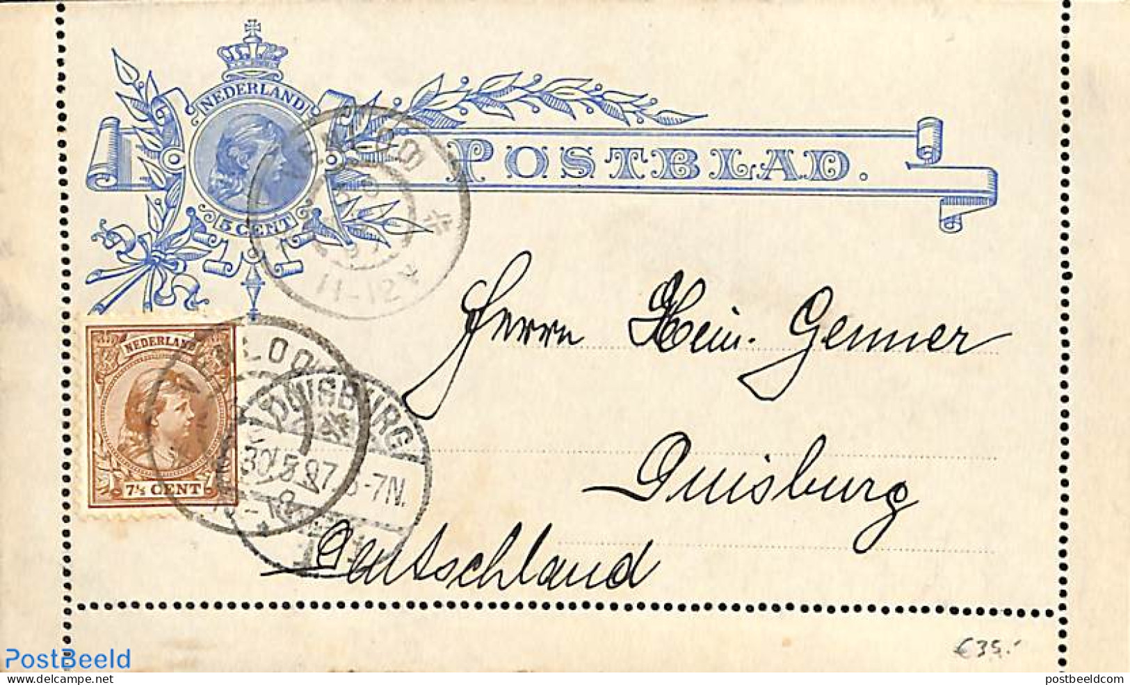 Netherlands 1897 ''Postblad'' Postcard' To Duisburg , Postal History - Cartas & Documentos