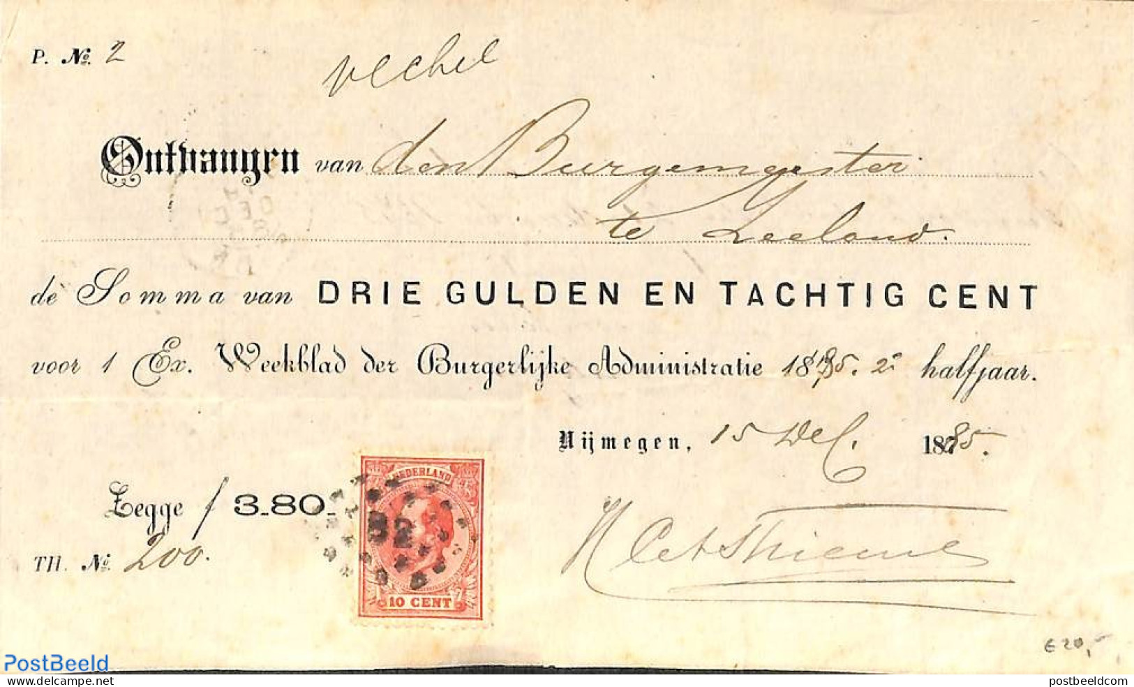 Netherlands 1885 3.80 Gulden Cheque From Zeeland To Nijmegen. Puntstempel 82, Postal History - Lettres & Documents