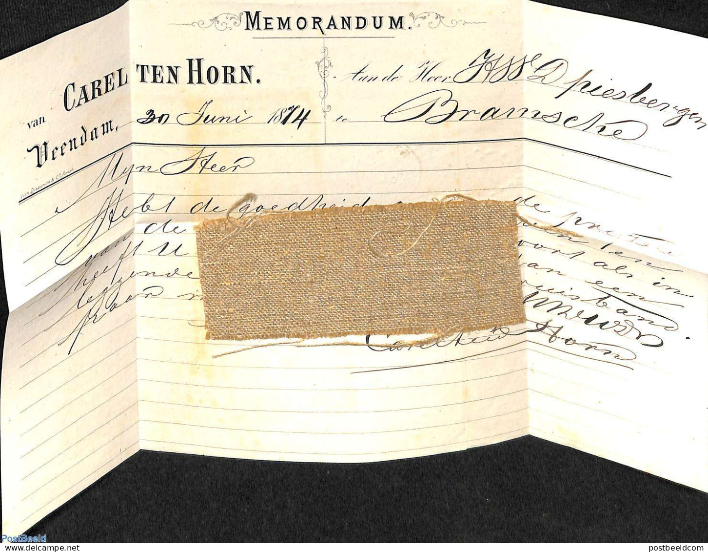 Netherlands 1874 Folding Memorandum From Veendam To Bramsche, Both Postmarks Added , Postal History - Lettres & Documents