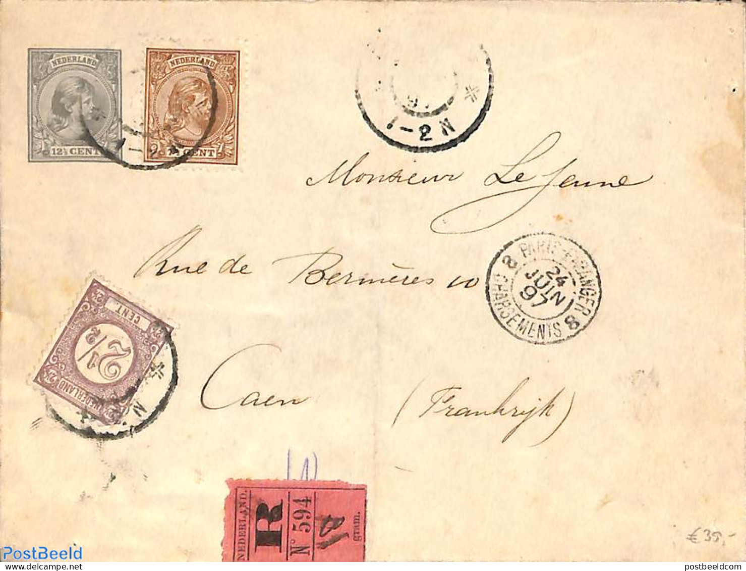 Netherlands 1897 Registered Cover From Holland To Caen Via Paris. Princess Wilhelmina (hangend Haar) And Drukwerkzegel.. - Lettres & Documents