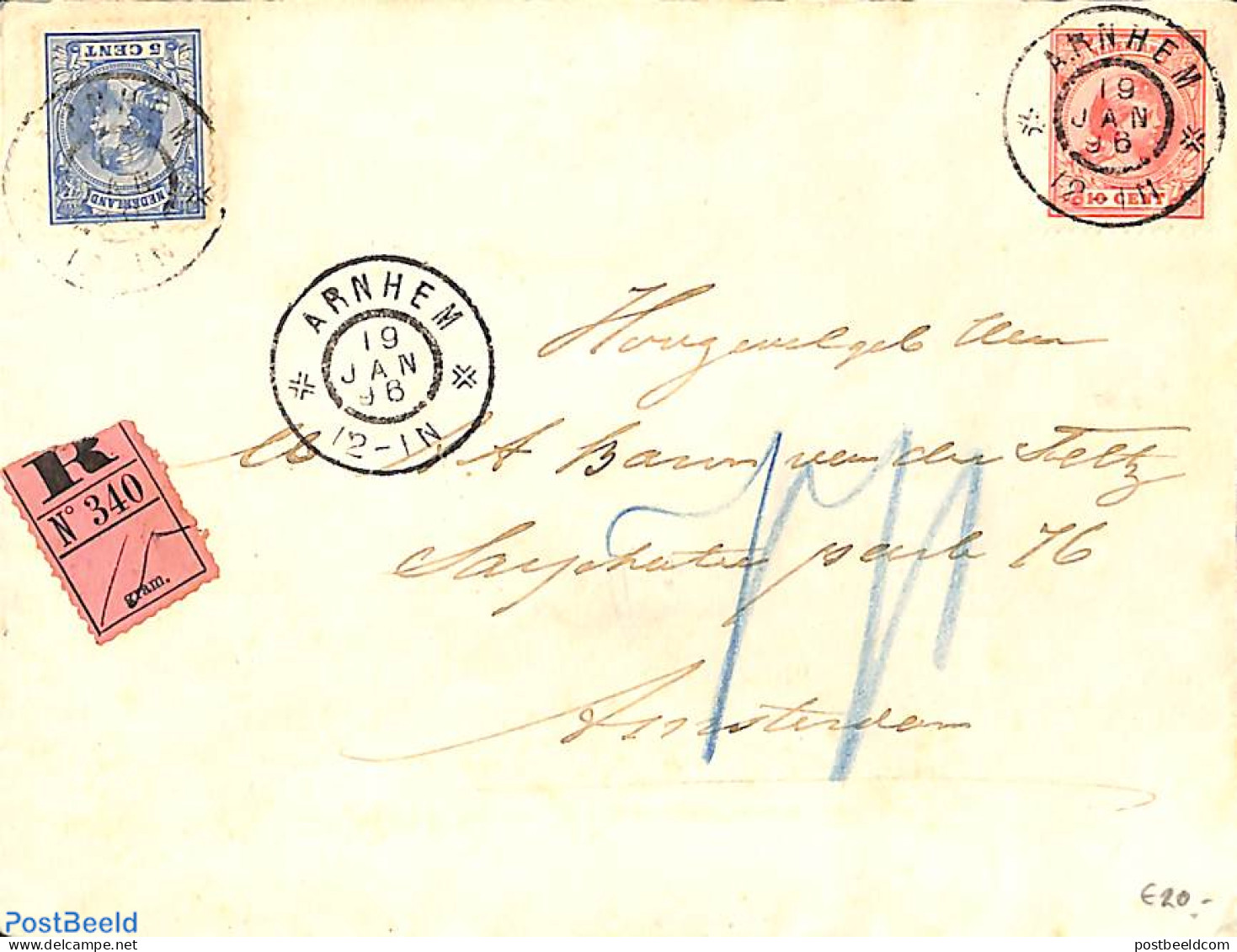 Netherlands 1896 Registered Envelope From Arnhem (see Postmark) To Amsterdam. 2x Princess Wilhelmina (hangend Haar) 10.. - Briefe U. Dokumente