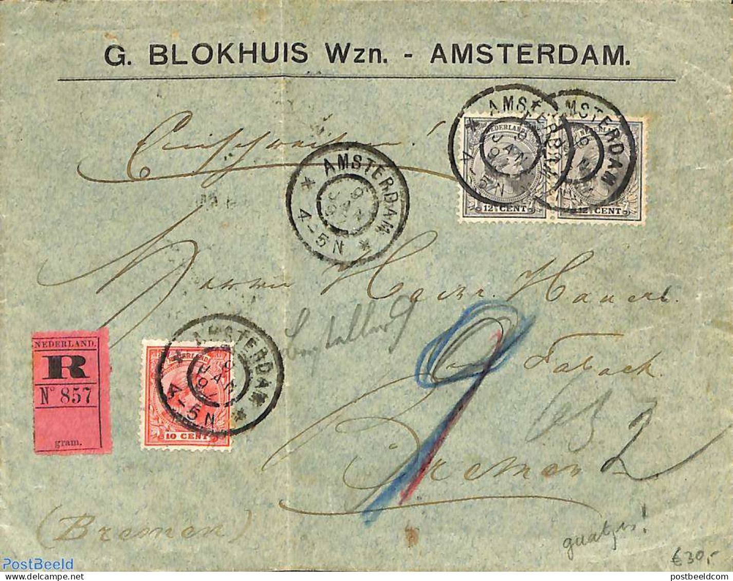 Netherlands 1897 Registered Cover From Amsterdam To Bremen. See Both Postmarks And Princess Wilhelmina (hangend Haar) .. - Lettres & Documents