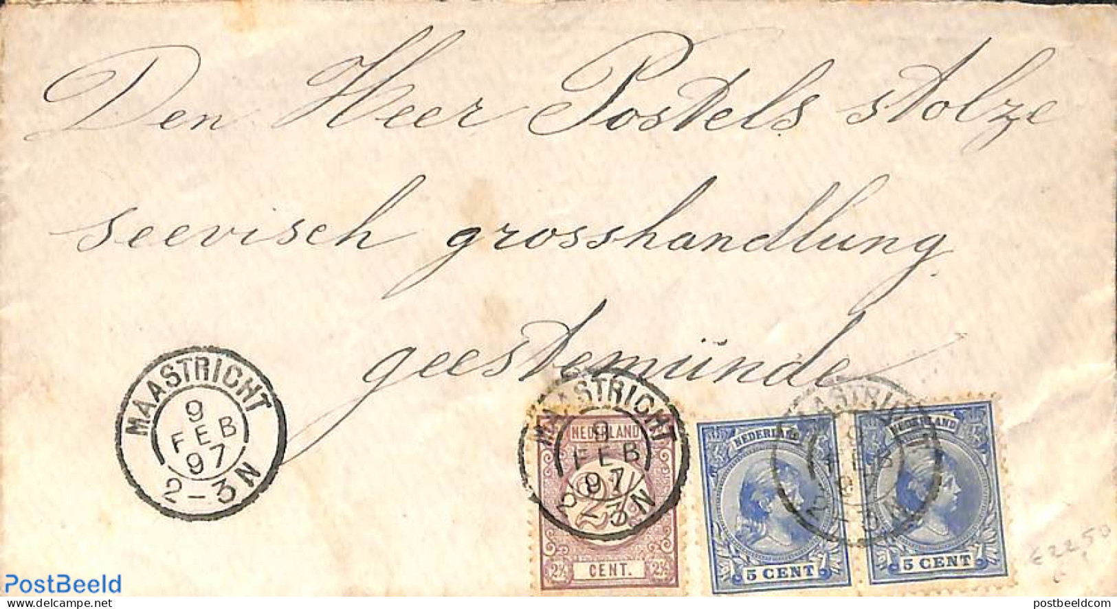 Netherlands 1897 Cover From Maastricht To Geestemunde, See Both Postmark.s Drukwerkzegel 2.5 Cent And Princess Wilhelm.. - Cartas & Documentos